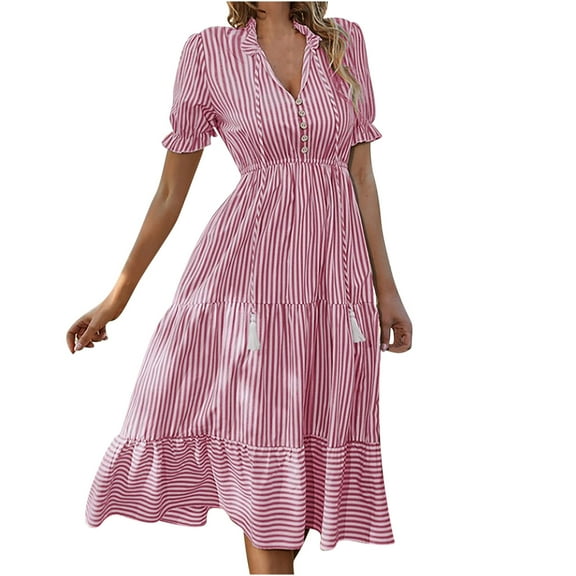 QUYUON Midi Dresses for Women Striped Print Ruffle Trim Button Front Dress Drawstring Tie Knot V-Neck Short Sleeve Pleated A-Line Flowy Long Dress Beach Sundress Style D-3576 Red S