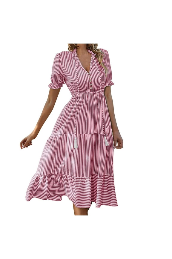 Midi Dresses for Women Striped Print Ruffle Trim Button Front Dress Drawstring Tie Knot V-Neck Short Sleeve Pleated A-Line Flowy Long Dress Beach Sundress Style D-3576 Red S