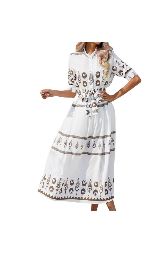 Midi Dresses for Women Summer Button Up Collar Short Sleeve Shirt Dress with Belt Floral Print Loose Casual Pleated A-Line Swing Mid-Length Dress Beach Sundress, White XXL