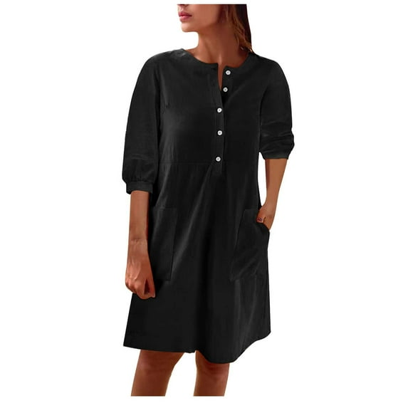 QUYUON Mini Dresses with Pockets for Women 2023 Button up Round Neck Short Sleeve Linen Dress Summer Beach Sundress Loose Casual Blouse Shirt Short Dress Style D-5868 Black S
