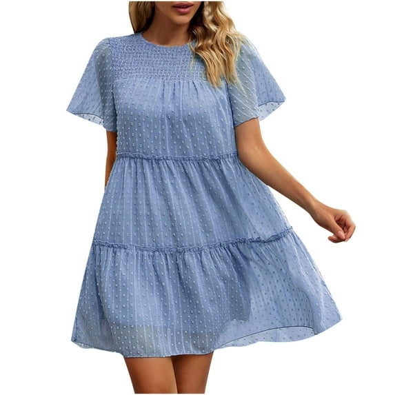 QUYUON Mini Dresses for Women Casual Crew Neck Short Sleeve Ruffle Tiered Summer Dress Pleated A-Line Flowy Short Dress Beach Sundress Evening Cocktail Party Knee Length Dresses Style D-135 Blue L
