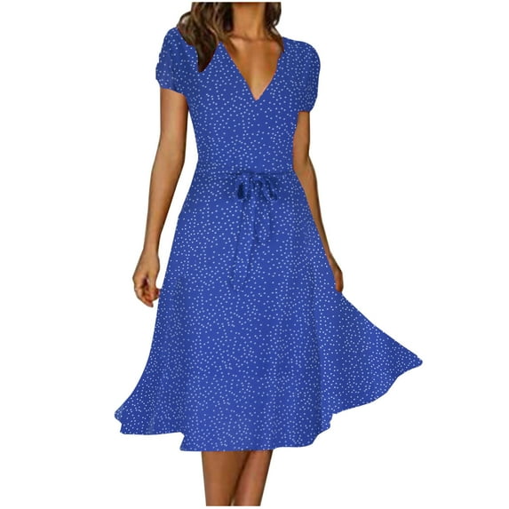 QUYUON Mini Dresses for Women Summer Belted V-Neck Short Sleeve T-Shirt Dress Polka Dot Printed Cocktail Dresses for Women Evening Party A-Line Boho Beach Sundress Flowy Dress Blue_C S
