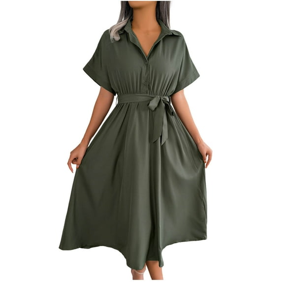 QUYUON Mini Dresses for Women Summer Casual Ruffle V-Neck Short Sleeve Babydoll Dress Front Tie Knot Solid Color Pleated A-Line Short Dress Beach Sundress Style D-1736 Army Green XL