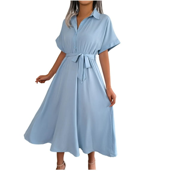 QUYUON Mini Dresses for Women Summer Casual Ruffle V-Neck Short Sleeve Babydoll Dress Front Tie Knot Solid Color Pleated A-Line Short Dress Beach Sundress Style D-1726 Light Blue M