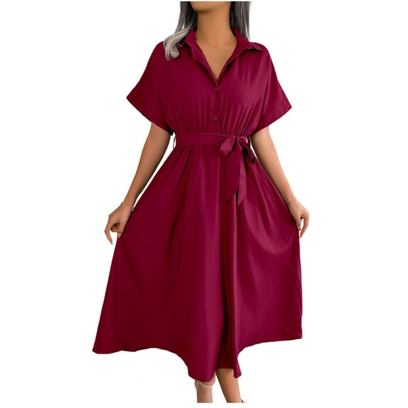 QUYUON Mini Dresses for Women Summer Casual Ruffle V-Neck Short Sleeve Babydoll Dress Front Tie Knot Solid Color Pleated A-Line Short Dress Beach Sundress Style D-1730 Wine M