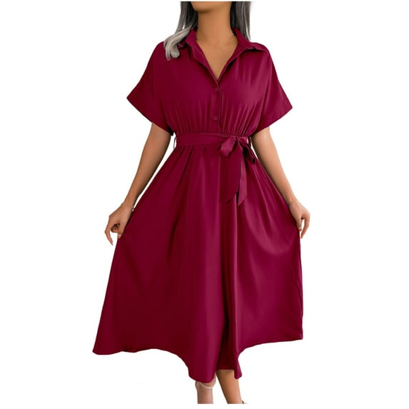 QUYUON Mini Dresses for Women Summer Casual Ruffle V-Neck Short Sleeve Babydoll Dress Front Tie Knot Solid Color Pleated A-Line Short Dress Beach Sundress Style D-1732 Wine XL