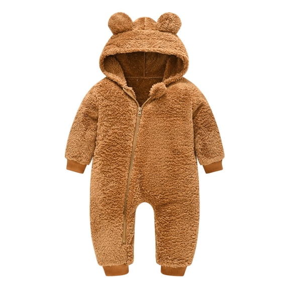 QUYUON Newborn Baby Hooded Jumpsuit Fleece Rompers Toddler Kids Long Sleeve Warm Onesie Outwear One-Piece Outfits Infant Full Zip up Jumpsuits Winter Clothes Brown 0-6 Months