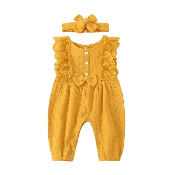 QUYUON Newborn Baby Lace Rompers Toddler Girls Bow Knot Front Sleeveless Bodysuits Jumpsuits One-Piece Pajamas Sleepwear Button Closure Newborn Infant Baby Girls Clothes Set Yellow 0-6 Months
