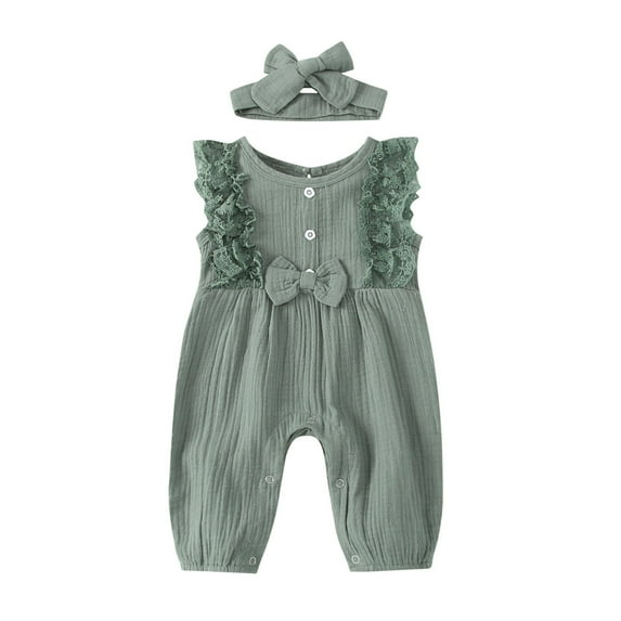 QUYUON Newborn Baby Lace Rompers Toddler Girls Bow Knot Front Sleeveless Bodysuits Jumpsuits One-Piece Pajamas Sleepwear Button Closure Newborn Infant Baby Girls Clothes Set Green 12-18 Months