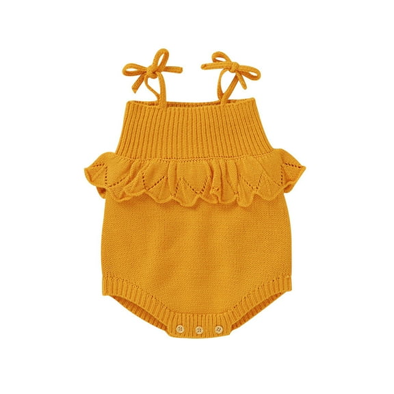 QUYUON Newborn Infant Ribbed Knit Rompers Toddler Baby Girls Spaghetti Strap Ruffle Flounce Knitted Jumpsuits One-Piece Bodysuits Outerwear Sweater Coat Yellow 70