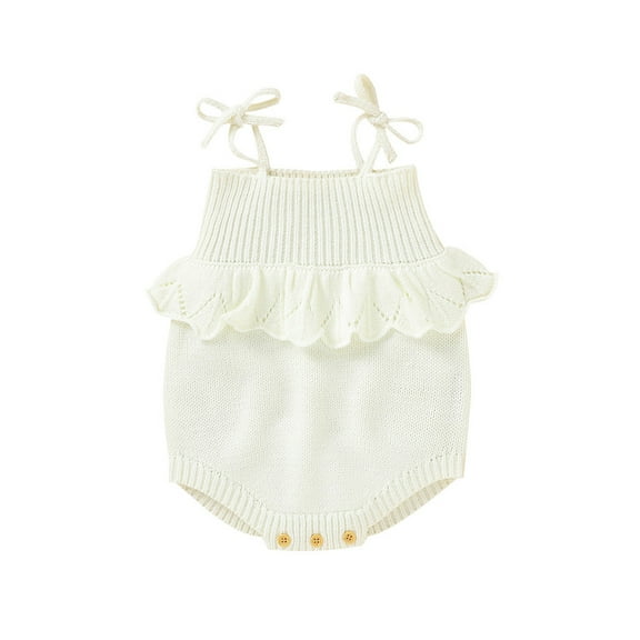 QUYUON Newborn Infant Ribbed Knit Rompers Toddler Baby Girls Spaghetti Strap Ruffle Flounce Knitted Jumpsuits One-Piece Bodysuits Outerwear Sweater Coat White 70
