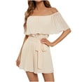 thumbnail image 1 of QUYUON Off the Shoulder Romper for Women Summer Casual Off Shoulder Pleated Shorts Jumpsuits with Belted Flounce Ruffle Tops Short Sleeve Rompers Overalls Style J-539, Beige L, 1 of 4