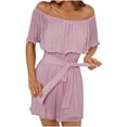 thumbnail image 1 of QUYUON Off the Shoulder Romper for Women Summer Casual Off Shoulder Pleated Shorts Jumpsuits with Belted Flounce Ruffle Tops Short Sleeve Rompers Overalls Style J-552, Purple M, 1 of 4