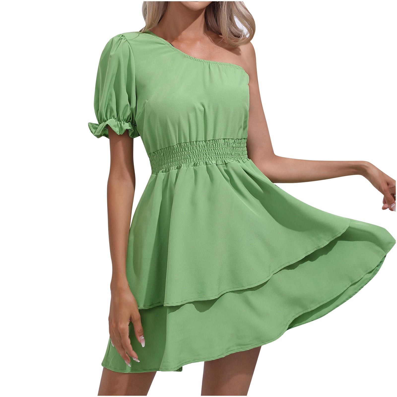 Quyuon One Shoulder Dresses for Women Casual Summer Short Sleeve Mini Dress Solid Color Elastic Waist Ruffle Tiered Pleasted A-Line Babydoll Dress