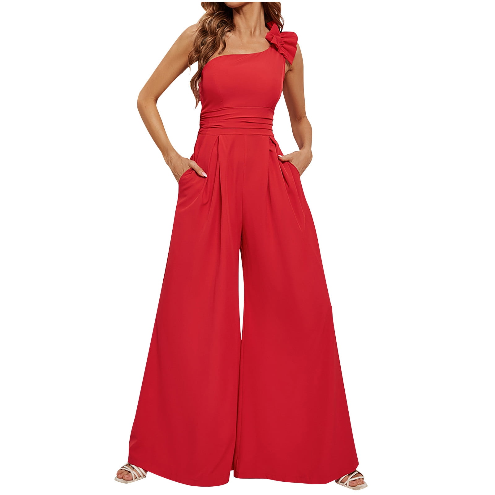 QUYUON One Shoulder Jumpsuits for Women Casual Dressy Jumpsuits Loose Wide  Leg Jumpsuits Rompers with Pockets Summer Sleeveless Back Zipper Ladies