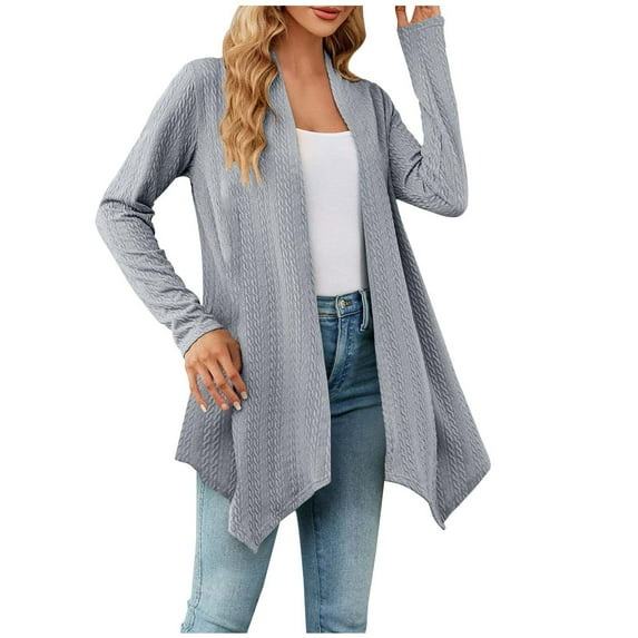 QUYUON Open Front Cardigan for Women Discount Long Sleeve Women's Cardigan Sweaters Polyester Women Cardigans Cardigan Jacket Style Q-3524 Winter Knit Sweater Outerwear Coat Gray L