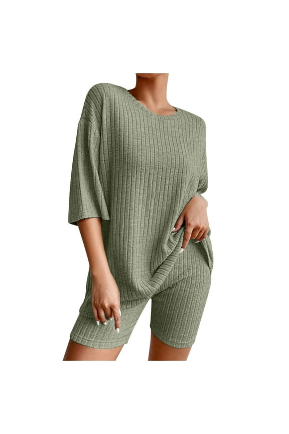 Pajamas for Women Shorts Set 2 Piece Outfits Ribbed Knit Short Sleeve Crew Neck Tops and Shorts Lounge Sets Two Piece Short Pants Sets Sleepwear Summer Loungewear B-Green S