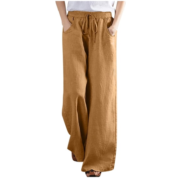 QUYUON Palazzo Pants for Women Cotton Linen Loose Drawstring Belt Casual Wide Leg Pants Work Pants for Women Long Pant Leg Length Cargo Pant Style N-2394 Yellow XL