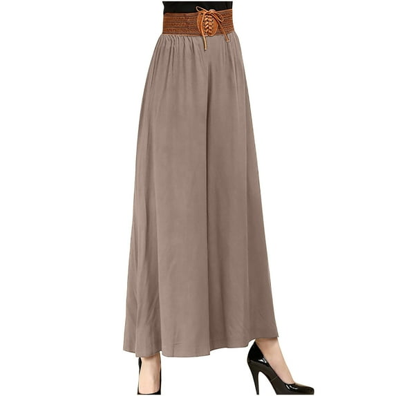 QUYUON Palazzo Pants for Women Fashion Women Comfortable Casual Loose Comfortable Belt Lace Fold Pants Work Pants for Women Long Pant Leg Length Jegging Pant Style N-6916 Khaki One Size