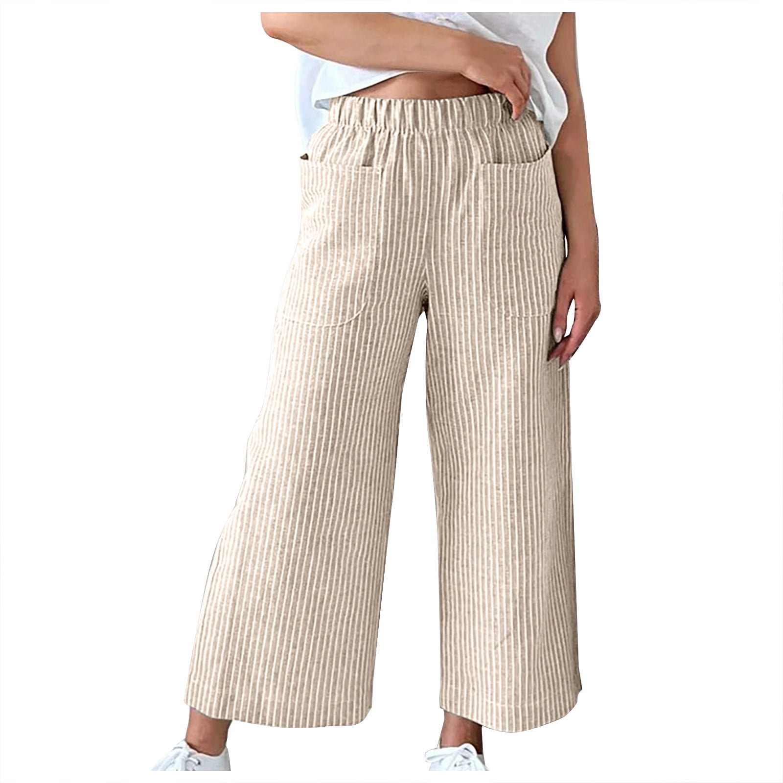 QUYUON Pants for Women Discount Summer Fashion Stripe Printed Pocket Casual  Loose Casual Straight Pants Fishing Pants Long Pant Leg Length Casual Style  P1094 Khaki XL 