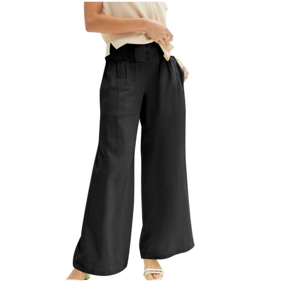 QUYUON Pants for Women Fall Pocket Button Elastic Waist Fashion Casual Full Length Pants Wide Leg Pants for Women Long Pant Leg Length Joggers Pant Style N-5480 Black L