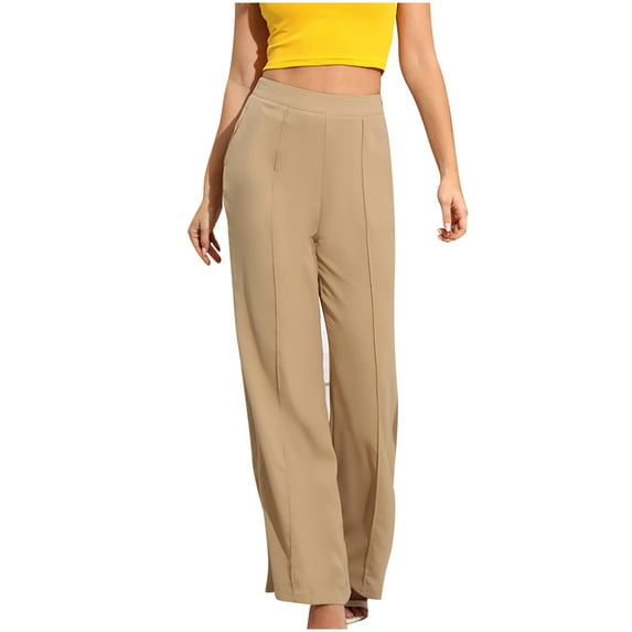 QUYUON Pants for Women Trendy Fall Fashion Women Casual Comfortable Solid Color Pocket Full Length Pants Wide Leg Sweatpants Women Long Pant Leg Length Jegging Pant Style N-6592 Khaki L