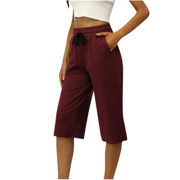 QUYUON Plus Size Capris for Women Casual Summer Drawstring Elastic Waist Straight Leg Cropped Trousers with Pockets Solid Color Ladies High Waisted Loose Regular Fit Lounge Pants , Style Q253 Wine XXL