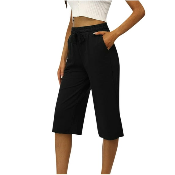 QUYUON Plus Size Capris for Women Casual Summer Drawstring Elastic Waist Straight Leg Cropped Trousers with Pockets Solid Color Ladies High Waisted Loose Regular Fit Lounge Pants , Style Q-234 Black S