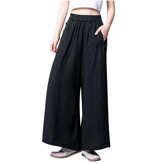 QUYUON Plus Size Pants for Women Clearance Casual Pants High Waist Solid Color Comfortable Button Decoration Palazzo Pants Women Dressy Full Length Pant Leg Dressy Style P2433 Black XXL