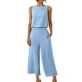 thumbnail image 1 of QUYUON Plus Size Summer Outfits 2PC Womens Two Piece Outfits Pants Sets Summer Round Neck Sleeveless Crop Tank Tops and Elastic Waist Cropped Wide Leg Pants Sets with Pockets, 1 of 7