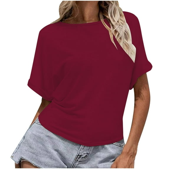 QUYUON Plus Size Tops for Women Dressy Fashion Causal Turtleneck Solid Blouse Short Sleeve T-Shirt Summer Tops Wine XXL