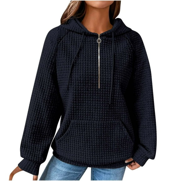 QUYUON Quarter Zipper Hoodies Sweatshirts Women Half Zip Pullover Sweaters Tops Drawstring Casual Long Sleeve Hooded Sweatshirt Pocket Ladies Fall Sweatshirts Winter Warm Coat Dark Blue XXL