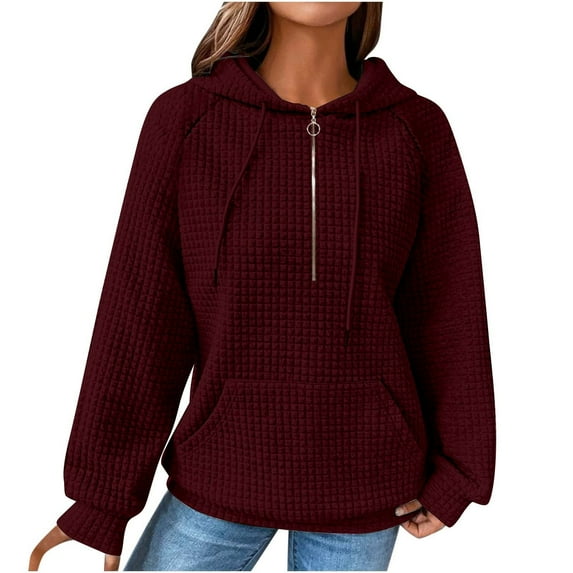 QUYUON Quarter Zipper Hoodies Sweatshirts Women Half Zip Pullover Sweaters Tops Drawstring Casual Long Sleeve Hooded Sweatshirt Pocket Ladies Fall Sweatshirts Winter Warm Coat Wine XXL