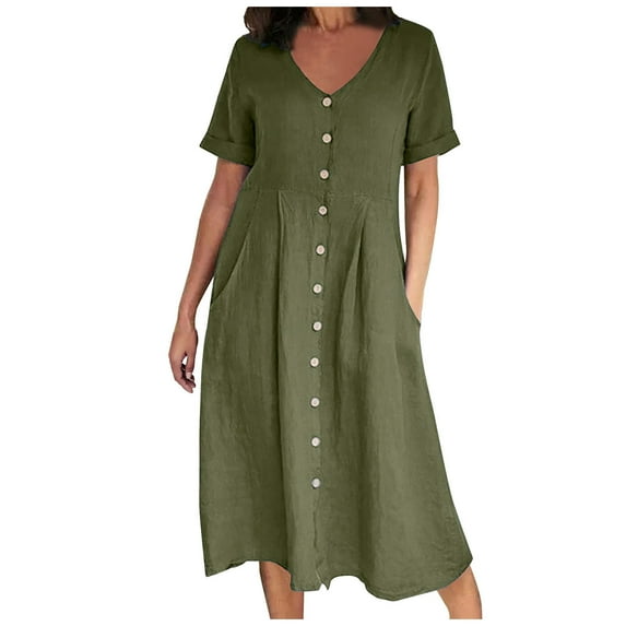 QUYUON Shirt Dress for Women Button Down Midi Dresses Fashion Womens Summer Casual V-Neck Solid Color Short Sleeve Button Pockets Cotton Linen Dress A-Line Beach Sundress Style D-3480 Army Green 4XL