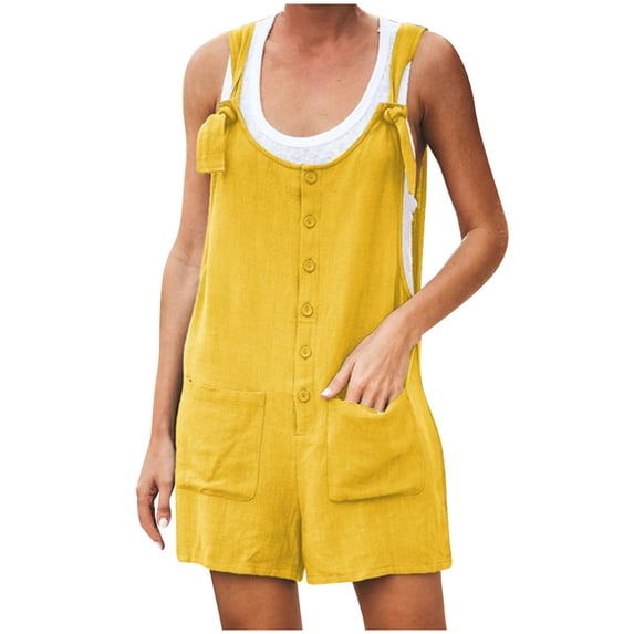 QUYUON Short Jumpsuits for Women Front Button Pockets Tie Straps Loose Fit Jumpsuit Shorts Women's Casual Summer Cotton Linen Rompers Fashion Overalls Bodysuit, Style 220 Yellow XXL