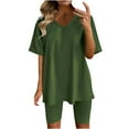 thumbnail image 1 of QUYUON Shorts Sets Women 2 Piece Outfits Lounge Sets Casual Loose V-Neck Short Sleeve Blouse and Shorts Set Solid Color Two Piece Pants Sets Summer Tops Matching Sets Army Green M, 1 of 7