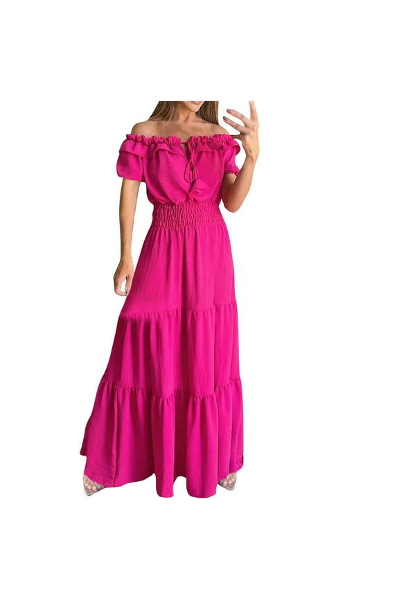 Off the Shoulder Maxi Dress for Women Front Tie Knot Short Sleeve Ruffle Tiered Long Dress Elegant Formal Elastic Waist Pleated A-Line Wedding Guest Evening Party Dress Style D-4298 Hot Pink S