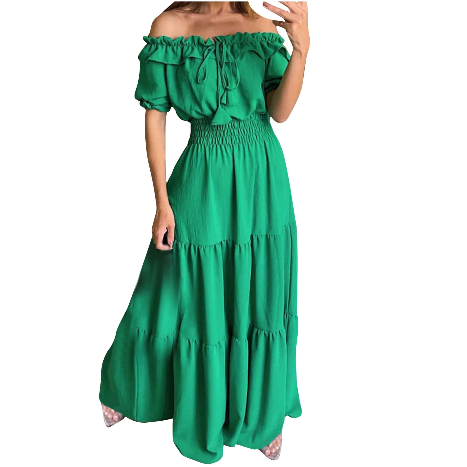 QUYUON Off Shoulder Maxi Dress, Short Sleeve, Tie Knot, Ruffle
