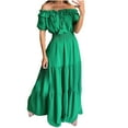 thumbnail image 1 of QUYUON Off the Shoulder Maxi Dress for Women Front Tie Knot Short Sleeve Ruffle Tiered Long Dresses Elegant Formal Elastic Waist Pleated A-Line Wedding Guest Evening Party Dress Style D-4305 Green XL, 1 of 7