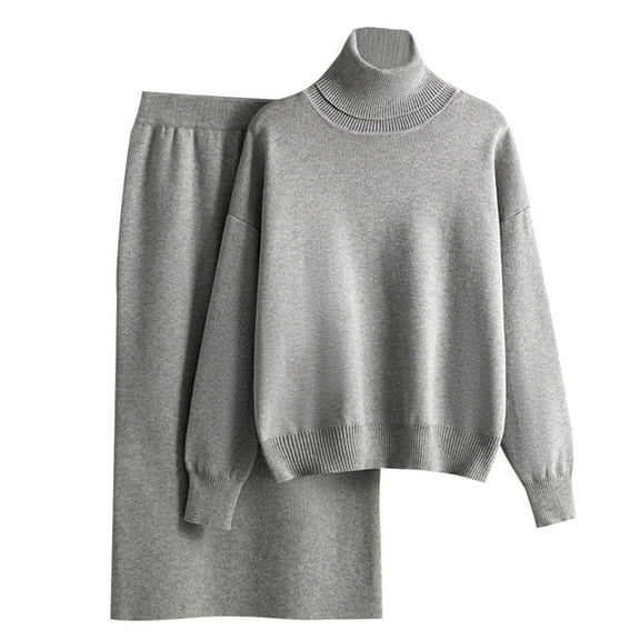 QUYUON Skirt Sets Women 2 Piece Outfits Winter Warm Turtleneck Long Sleeve Sweater Pullover Tops Sweatsuits Sets High Waisted Midi Skirt Two Piece Outfits Gray One Size