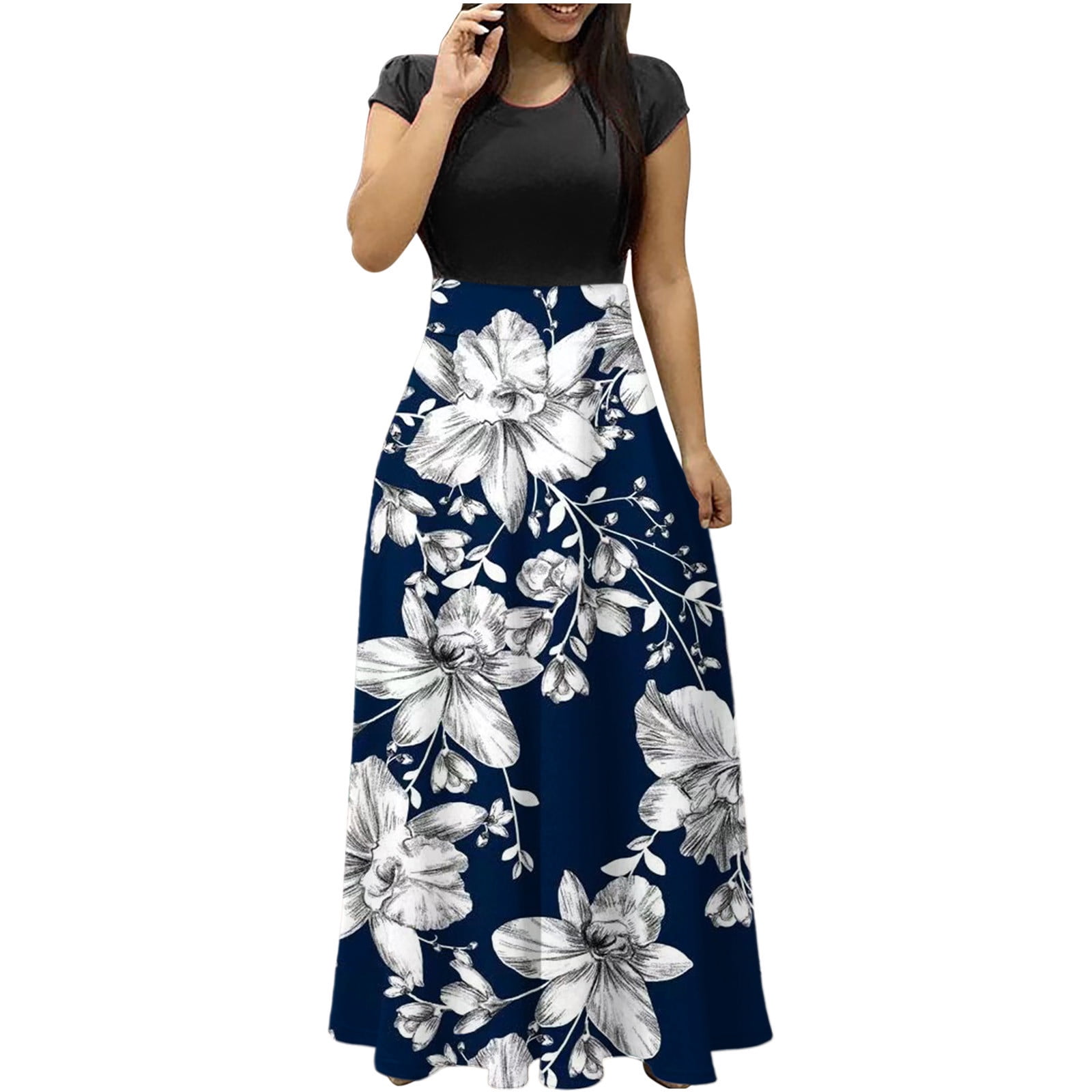 Casual Print Patchwork O Neck A Line Short Sleeve Dress Casual Print Patchwork O Neck A Line Short Sleeve Dress
