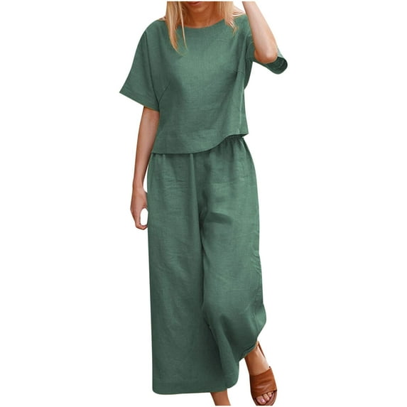 QUYUON Spring Outfits for Women 2023 Linen Sets Summer 2 Piece Outfits Crew Neck Short Sleeve Tops High Waisted Cropped Wide Leg Pants Set Two Piece Matching Sets Style TW-192 Green-A XL