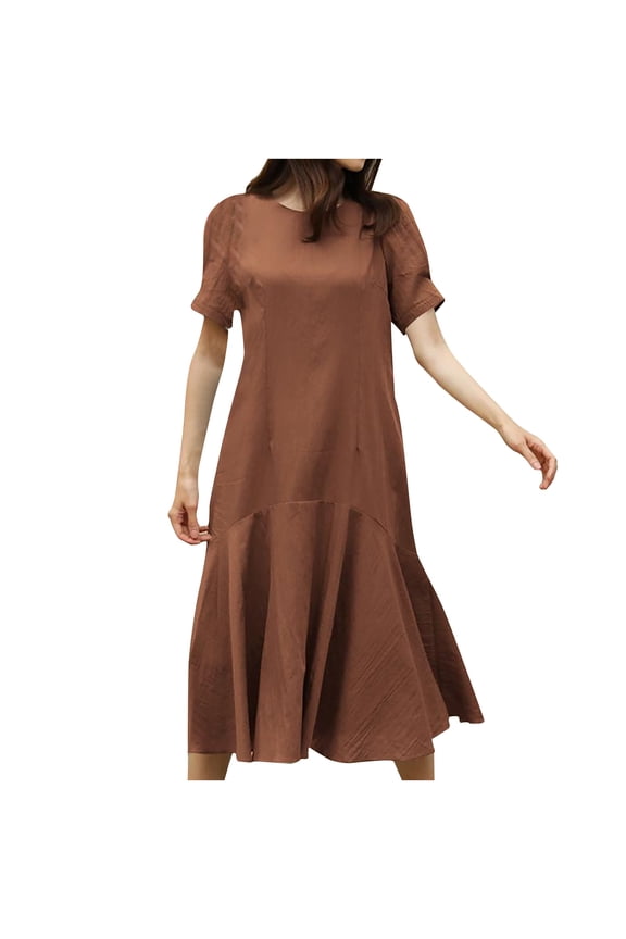Summer Linen Dresses for Women 2023 Casual Round Neck Short Sleeve Ruffle Midi Dress Asymmetrical Tunic T-Shirt Sundress Ruffle A-Line Flowy Dress Evening Party Dress Style D-284 Coffee XXL