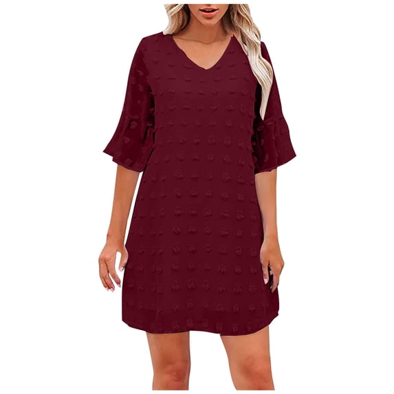 QUYUON Summer Mini Dress Women Summer Chiffon Ruffle Short Sleeve V-Neck T-Shirt Dresses Casual Loose A-Line Tunic Dress Wedding Guest Evening Party Short Dresses Style D-2645 Wine XXXL