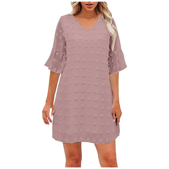 QUYUON Summer Mini Dress Women Summer Chiffon Ruffle Short Sleeve V-Neck T-Shirt Dresses Casual Loose A-Line Tunic Dress Wedding Guest Evening Party Short Dresses Style D-2655 Multicolor XL