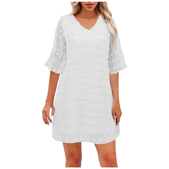 QUYUON Summer Mini Dress Women Summer Chiffon Ruffle Short Sleeve V-Neck T-Shirt Dresses Casual Loose A-Line Tunic Dress Wedding Guest Evening Party Short Dresses Style D-2635 White M