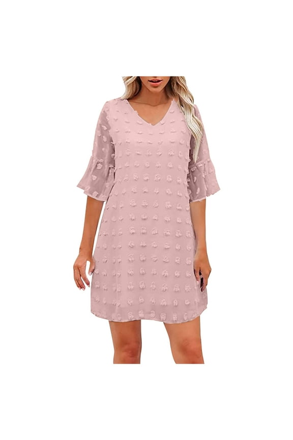 Summer Mini Dress Women Summer Chiffon Ruffle Short Sleeve V-Neck T-Shirt Dresses Casual Loose A-Line Tunic Dress Wedding Guest Evening Party Short Dresses Style D-2628 Pink S