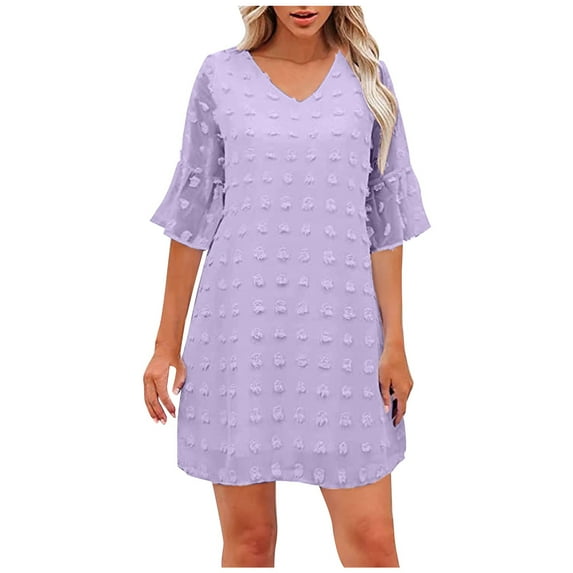 QUYUON Summer Mini Dress Women Summer Chiffon Ruffle Short Sleeve V-Neck T-Shirt Dresses Casual Loose A-Line Tunic Dress Wedding Guest Evening Party Short Dresses Style D-2648 Purple L
