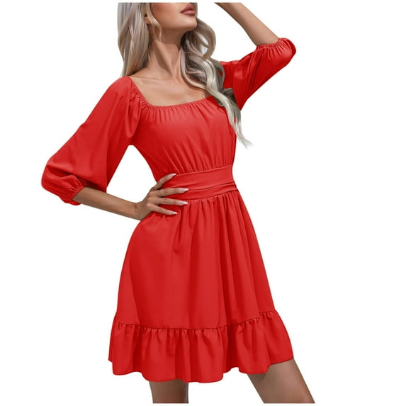 QUYUON Summer Mini Dresses for Women Square Neck 3/4 Sleeve Flowy Babydoll Mini Short Beach Dress Pleated A-Line Ruffle Swing Tunic Dresses Club Party Dress Style D-6509 Red M