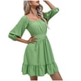 thumbnail image 1 of QUYUON Summer Mini Dresses for Women Square Neck 3/4 Sleeve Flowy Babydoll Mini Short Beach Dress Pleated A-Line Ruffle Swing Tunic Dresses Club Party Dress Style D-6515 Green XL, 1 of 9